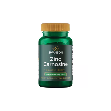 Swanson Zinc Carnosine - Featuring PepZinGI, 60 capsules: a green bottle with a gold cap, labeled for digestive health.